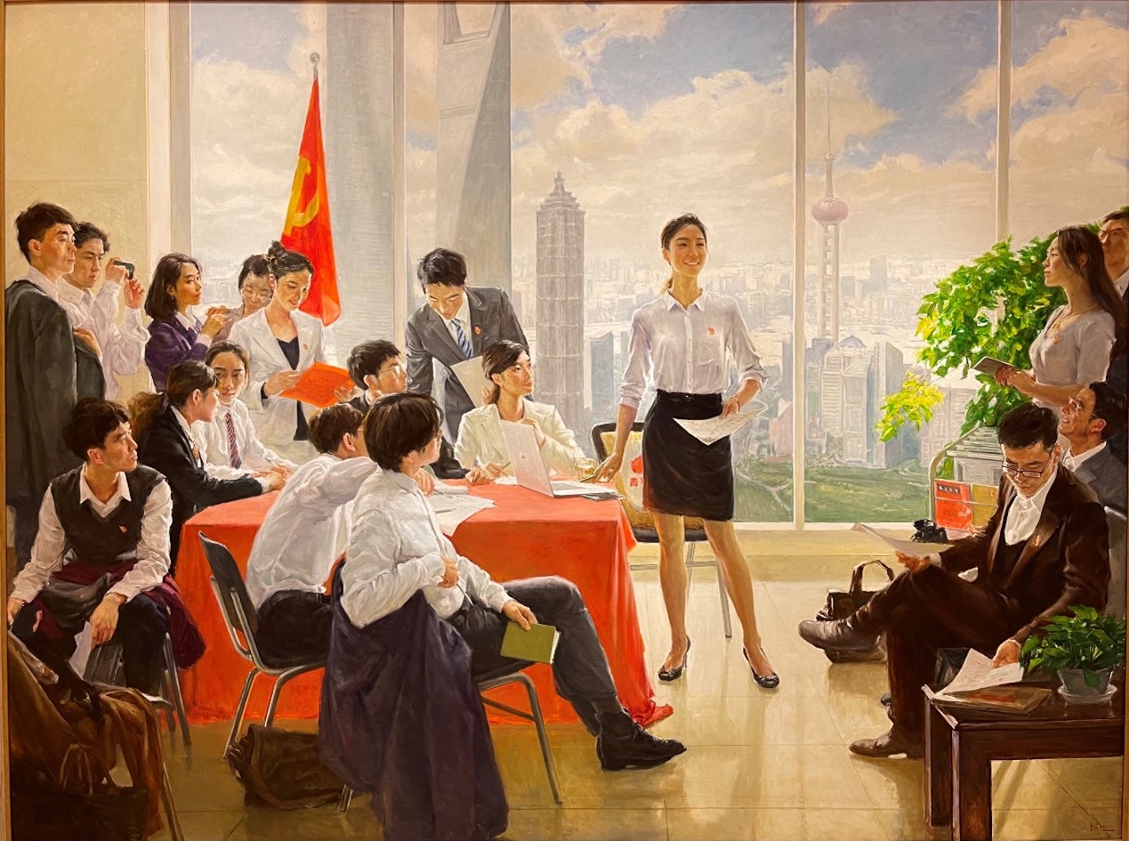 <h2>支部建在楼宇——上海陆家嘴金融贸易区党建工作纪实</h2><p>作者：李前</p><p>创作年代：2021年</p><p>规格：226cm×300cm</p><p>品类：油画</p>